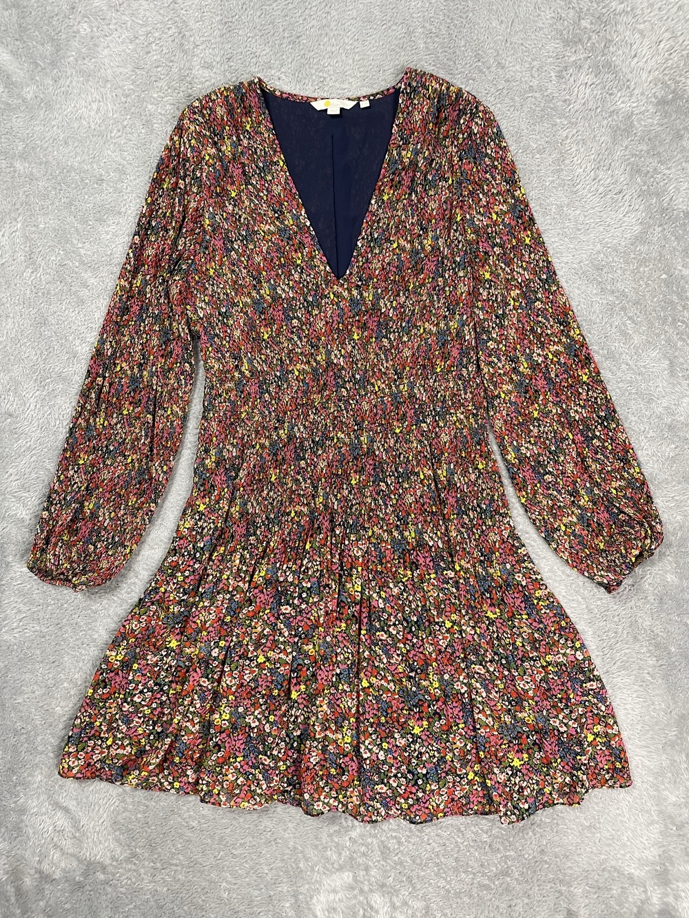 Boden Dress Womens 12 Multi Floral Fit Flare V Neck Long Sleeve Mini Chiffon